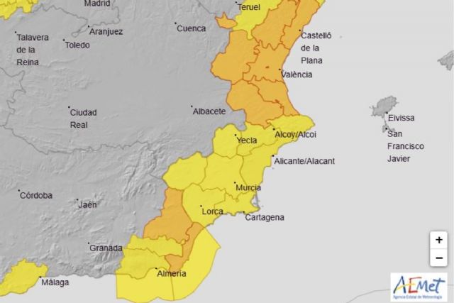 Aviso amarillo por lluvia este miércoles en Cartagena y el resto de la Región